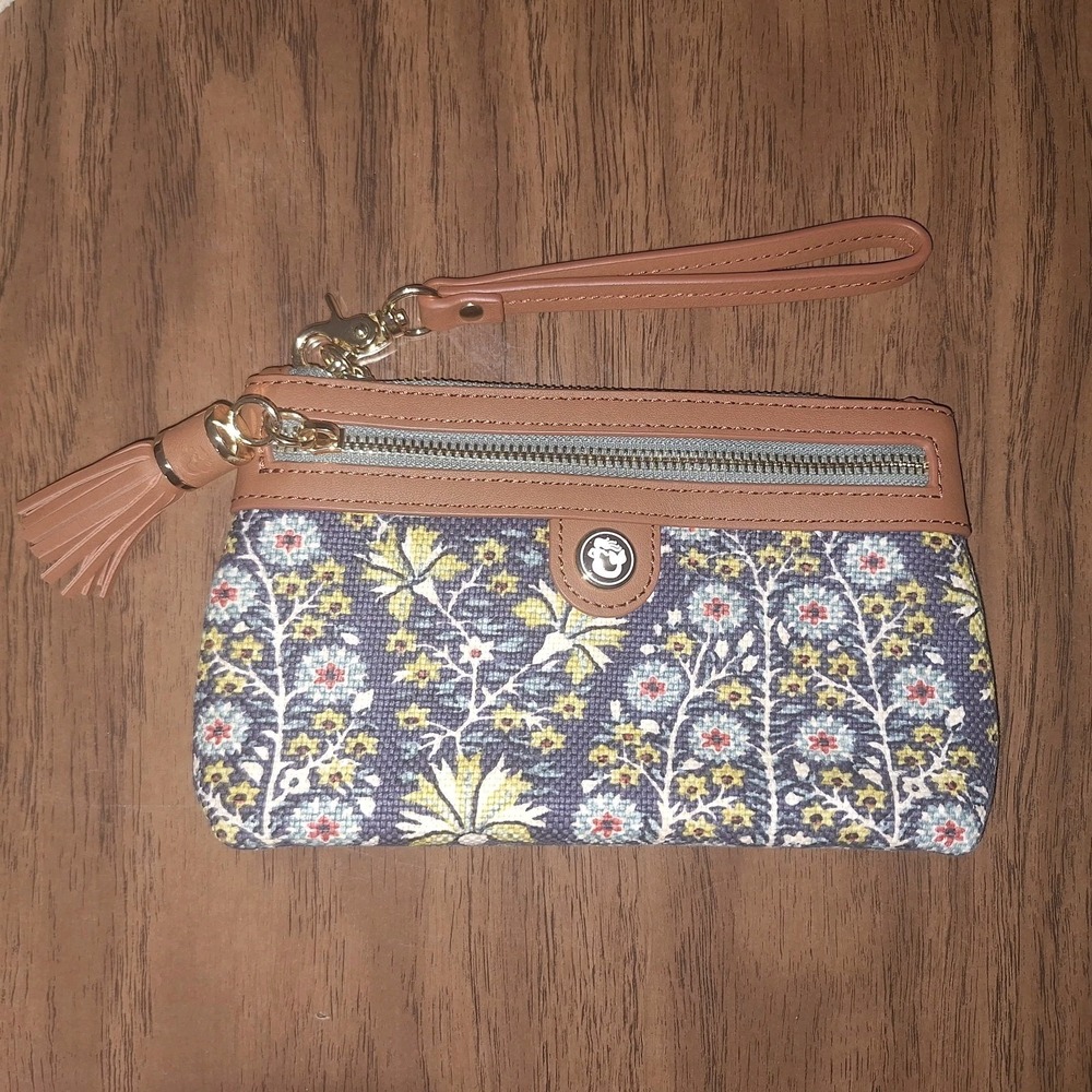 Spartina 449 Wristlet Clutch Floral Navy & Yellow Linen & Leather NWOT Fall